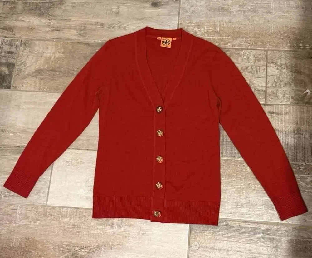 Tory Burch Red Merino Wool Simone Logo Button Cardigan Sweater Size M